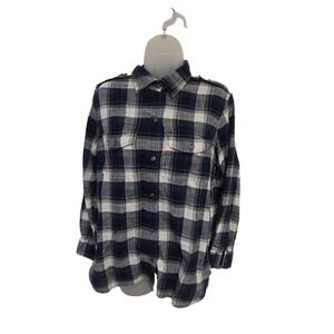 Current/Elliott Navy Blue White Plaid Button Down Shirt Epaulets Size 2 Medium